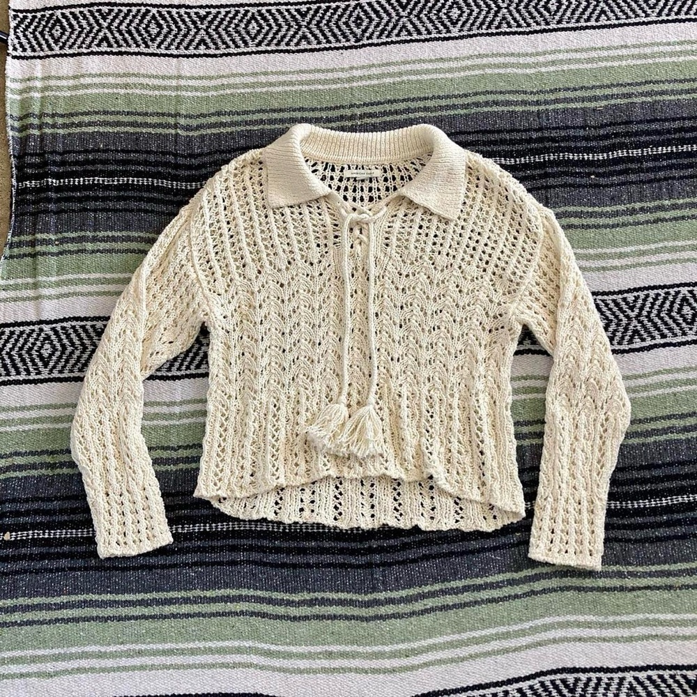 American eagle knit long sleeve cream sweater drawstring/pompom detail at chest